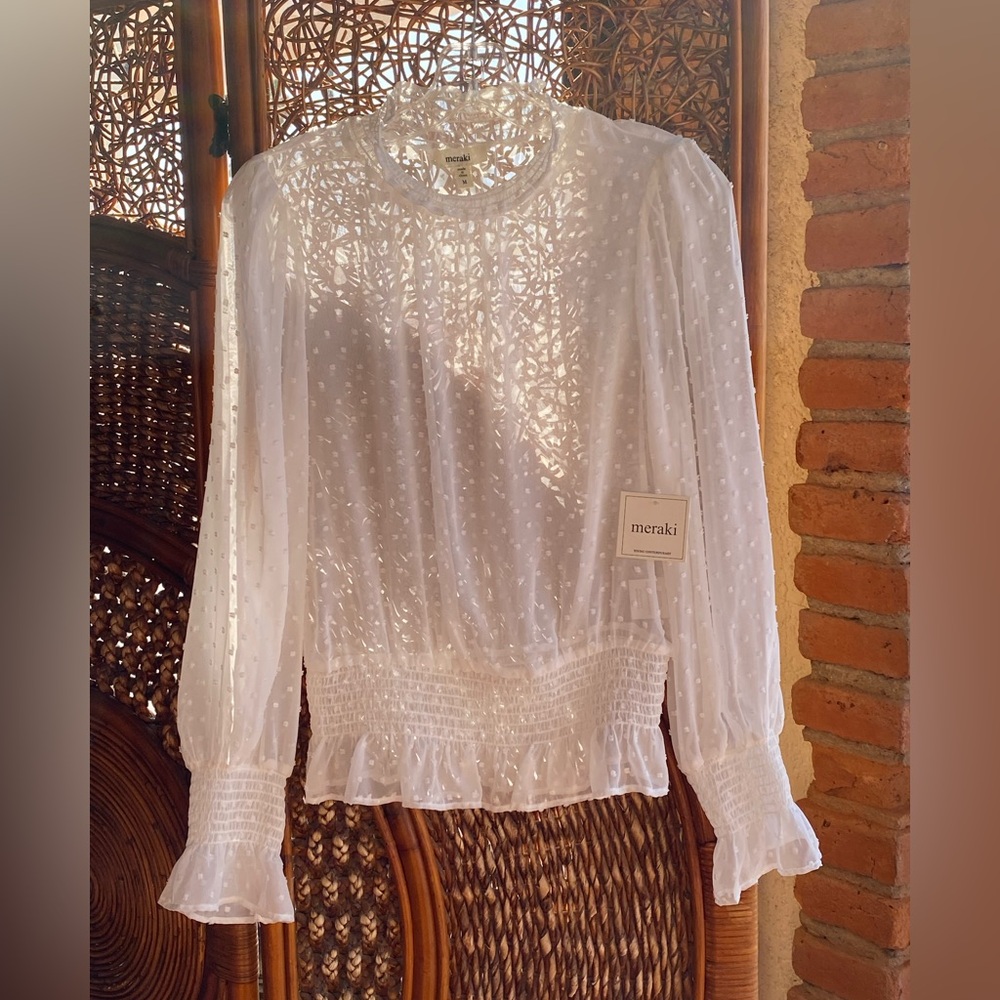 Meraki Elegant White Lace Blouse Textured Elastic Waist, Neck & Sleeves Cuffs.